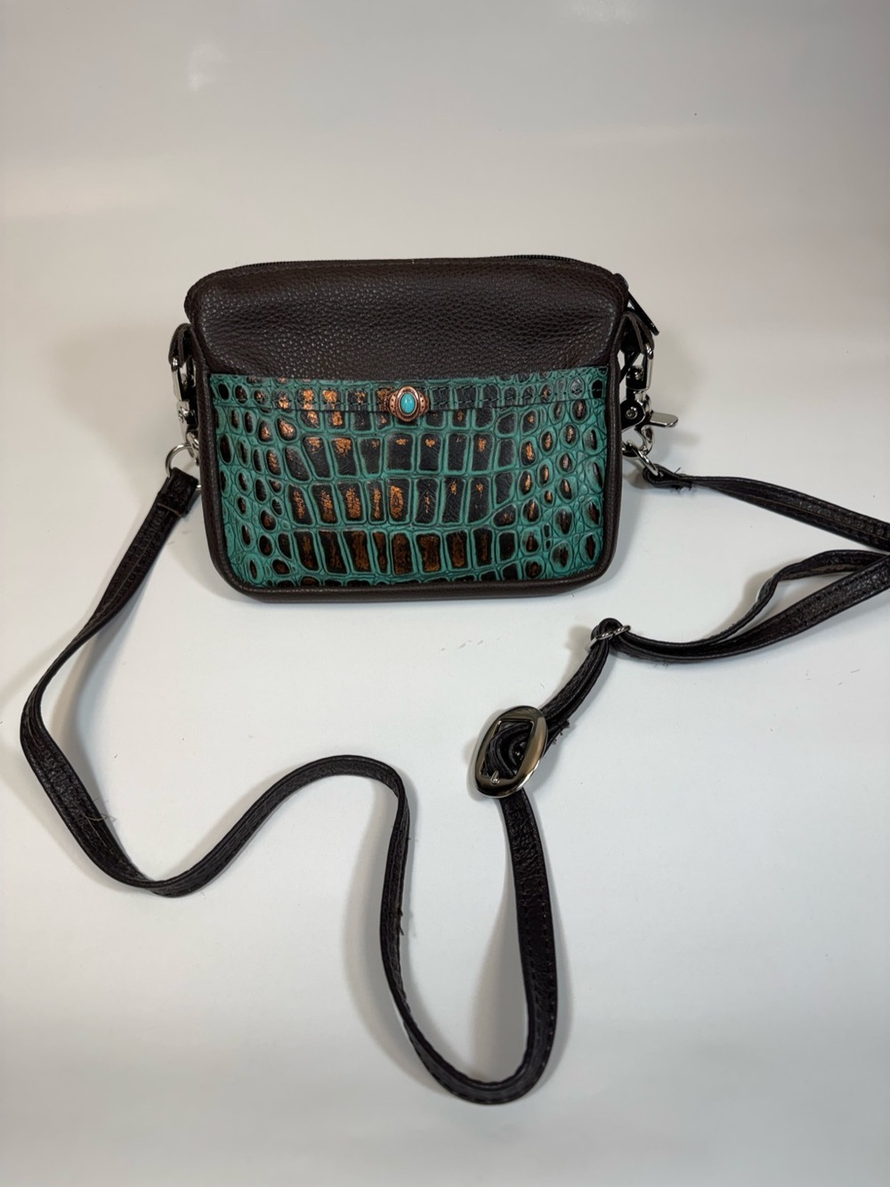 Teal Croc-Embossed Front Crossbody Bag with Dark Brown Trim